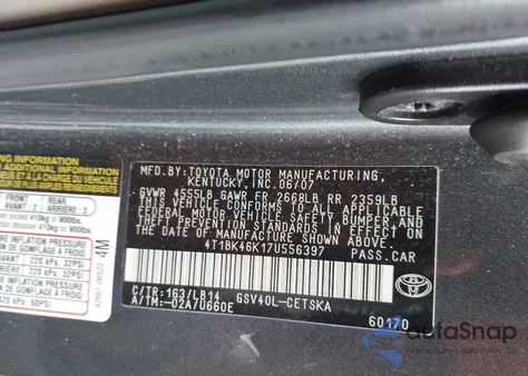 2007 Toyota Camry Se V6 z USA, uszkodzony, nr VIN 4T1BK46K17U556397